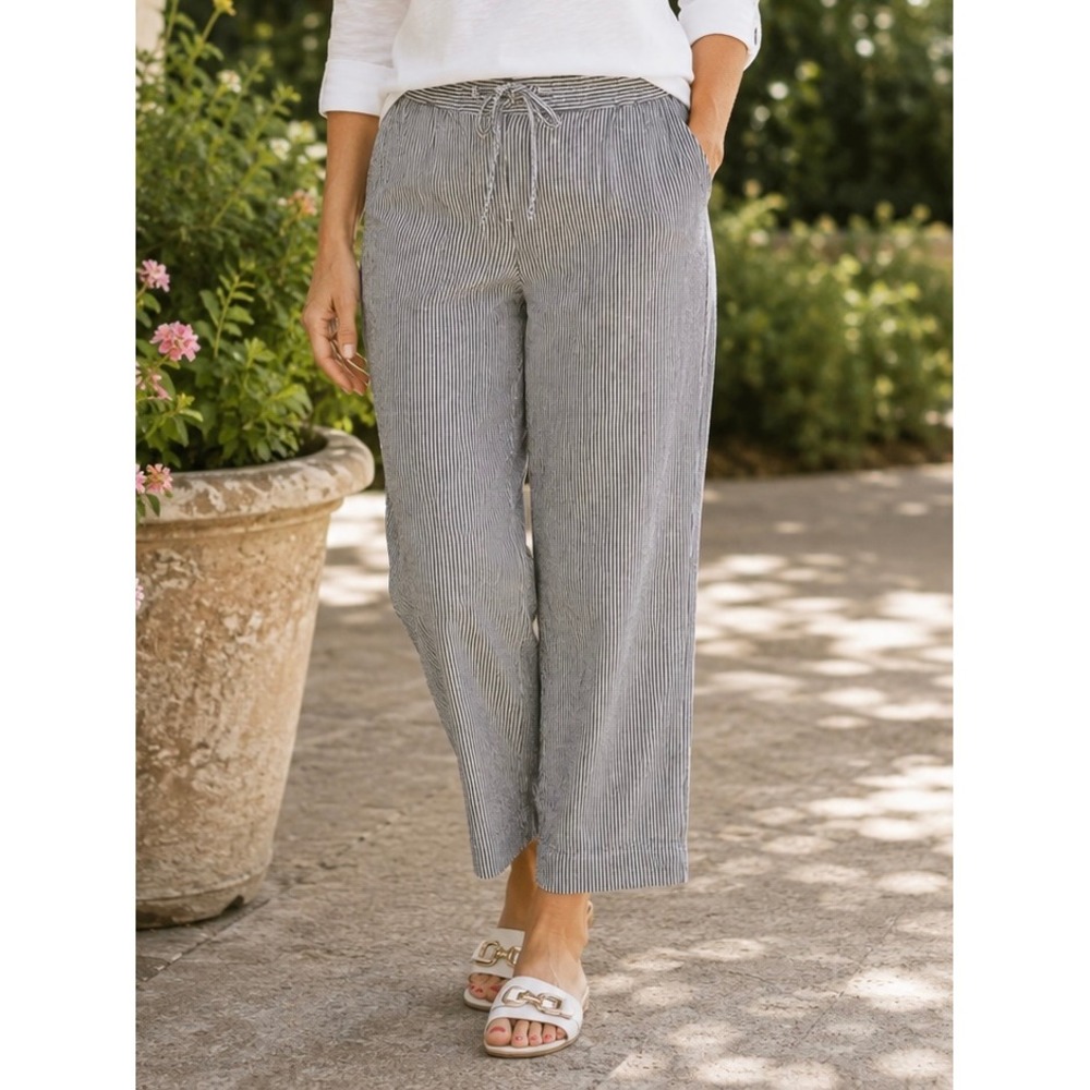 Talbots Blue Striped Linen Blend Pants 10P Drawstring Elastic Waist Pockets